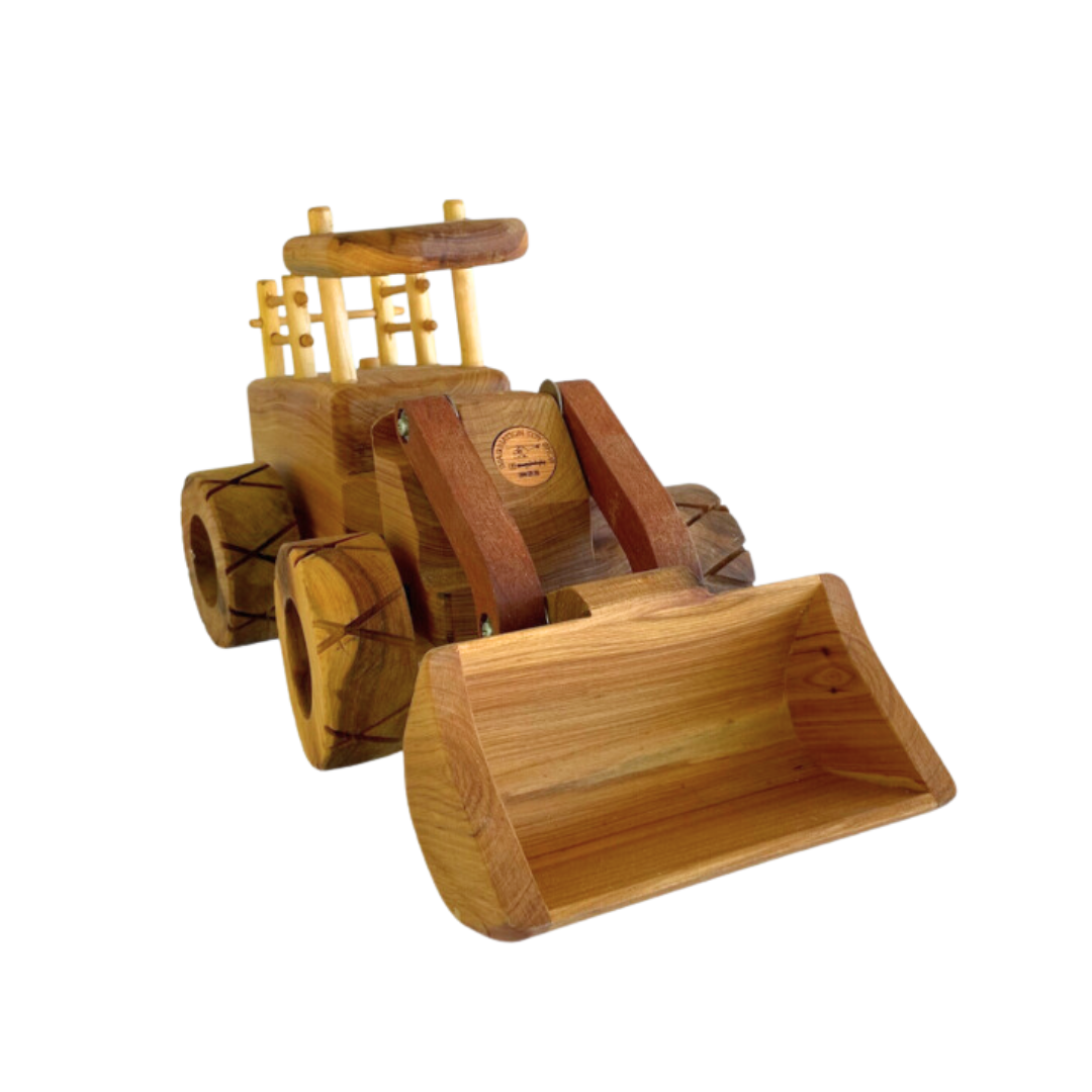 Handcrafted Big Burtha wooden loader toy showcasing a scooping bucket action, perfect for interactive kids' construction play. - Kids Toy | Imagination Toy Shop