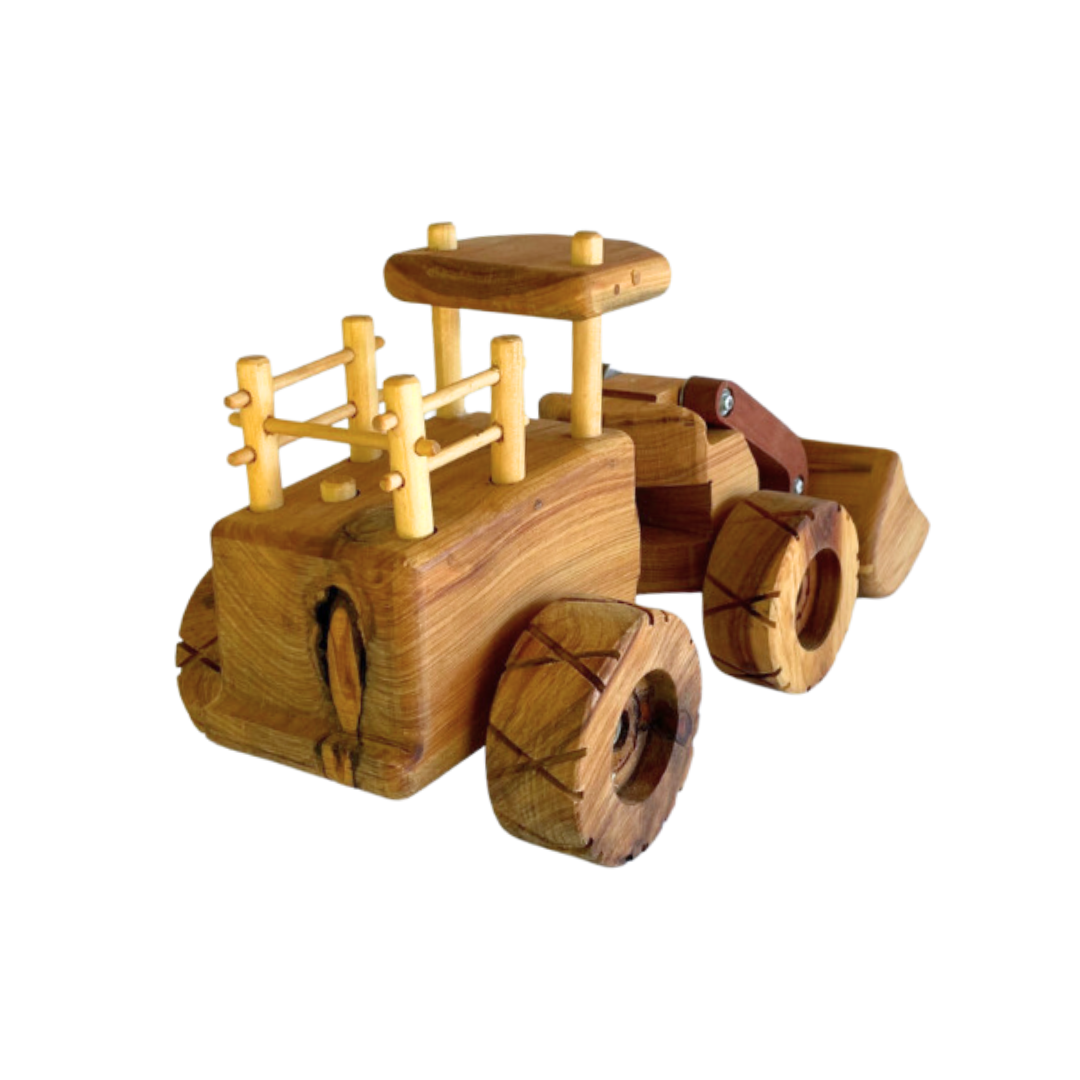 Artisanal Big Burtha wooden front end loader toy with rotating wheels and steering, ideal for fostering young children’s motor skills. - Kids Toy | Imagination Toy Shop