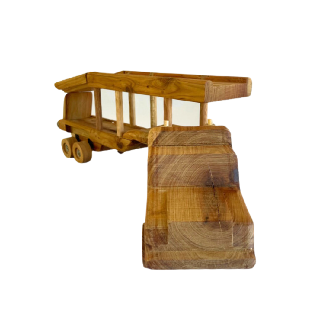 Wooden car carrier toy in profile, ready for loading toy cars. - Kids Toy | Imagination Toy Shop