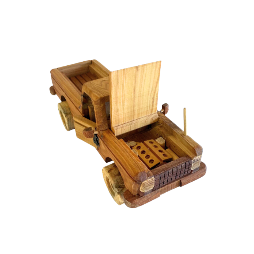 Artisanal wooden toy utility vehicle with open tailgate revealing storage compartment and engine bay inside. - Kids Toy | Imagination Toy Shop