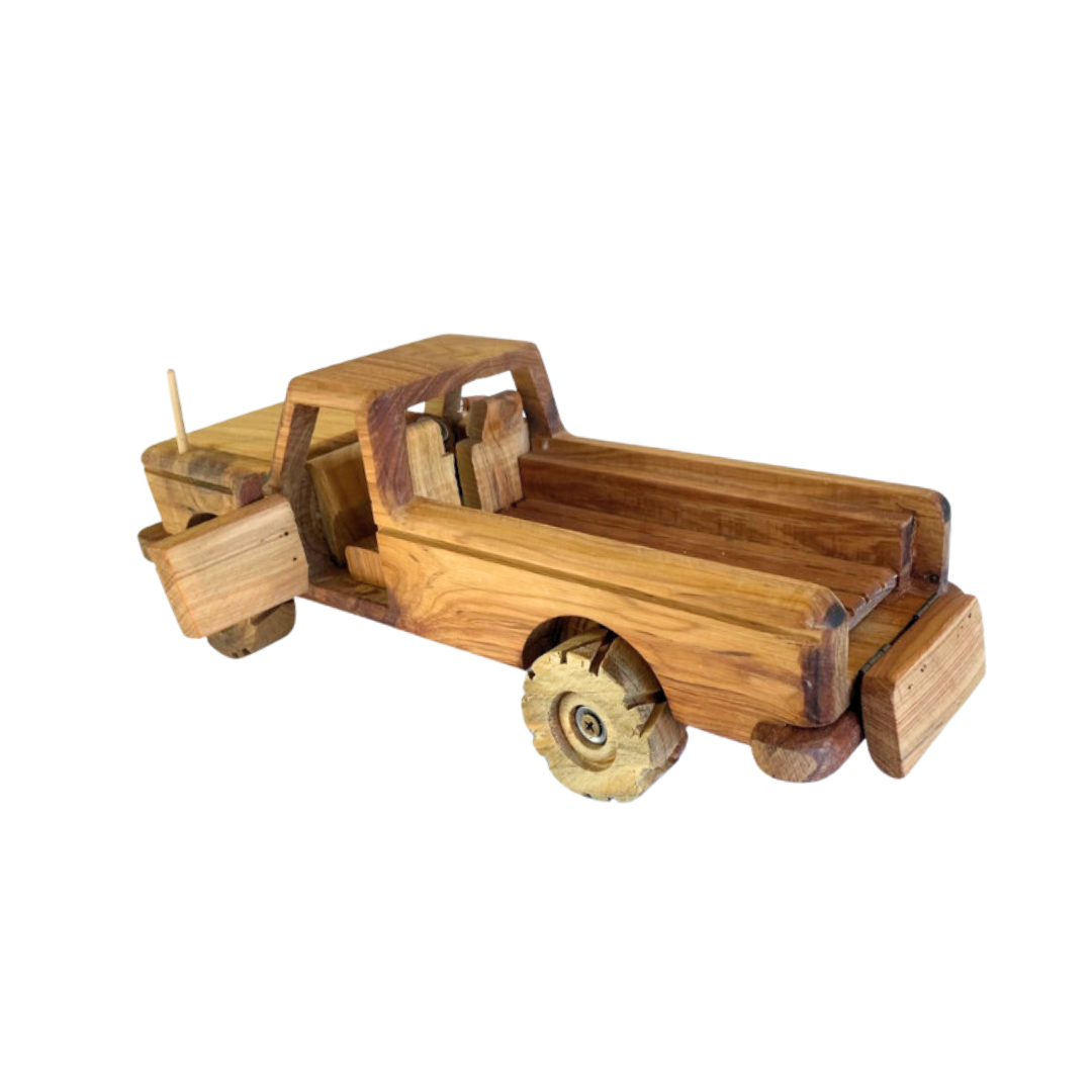 Custom-made wooden toy car with flatbed design, showcasing craftsmanship in wooden wheels and chassis - Kids Toy | Imagination Toy Shop