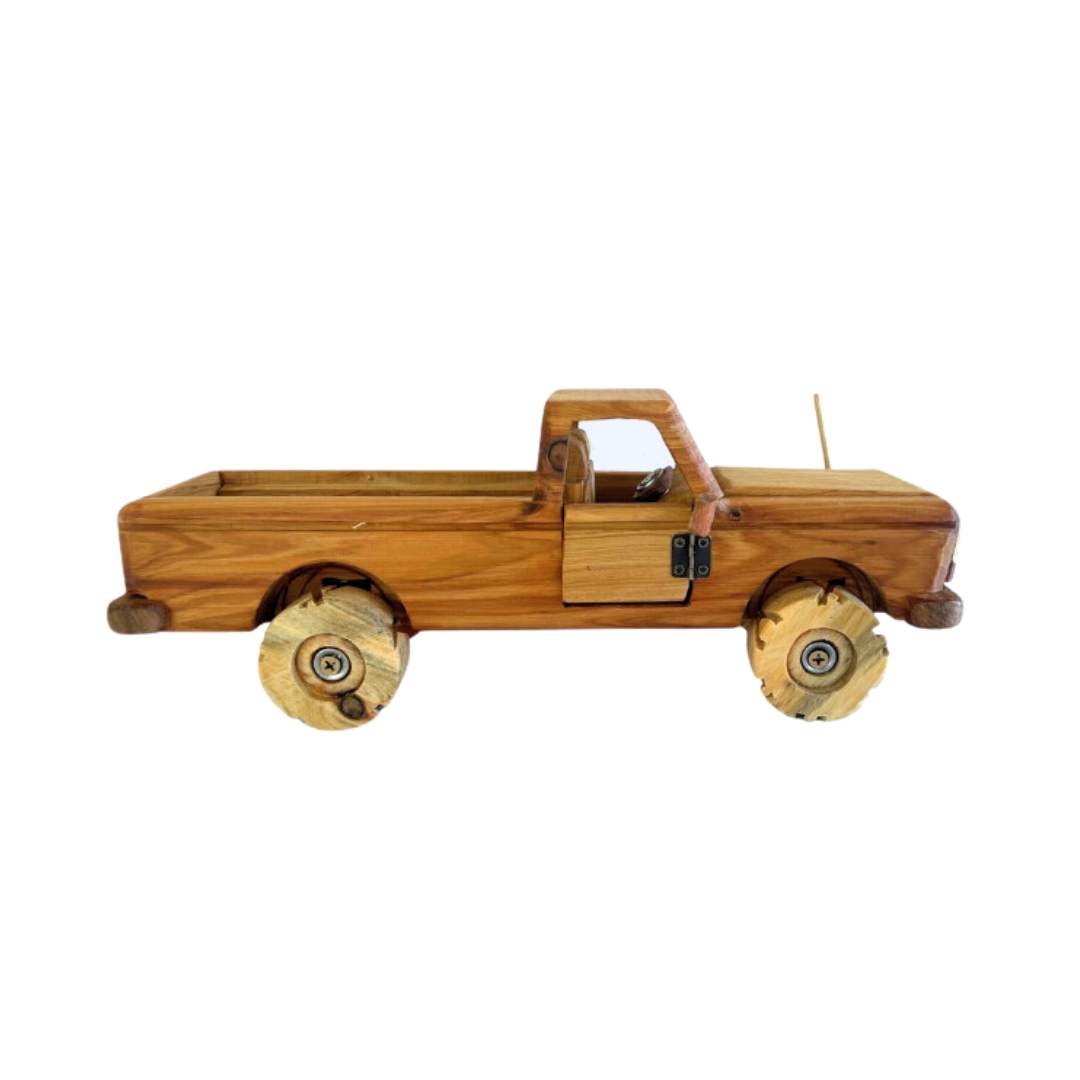 Elegant hand-built wooden toy ute, featuring side profile with visible door and wheel details  - Kids Toy | Imagination Toy Shop