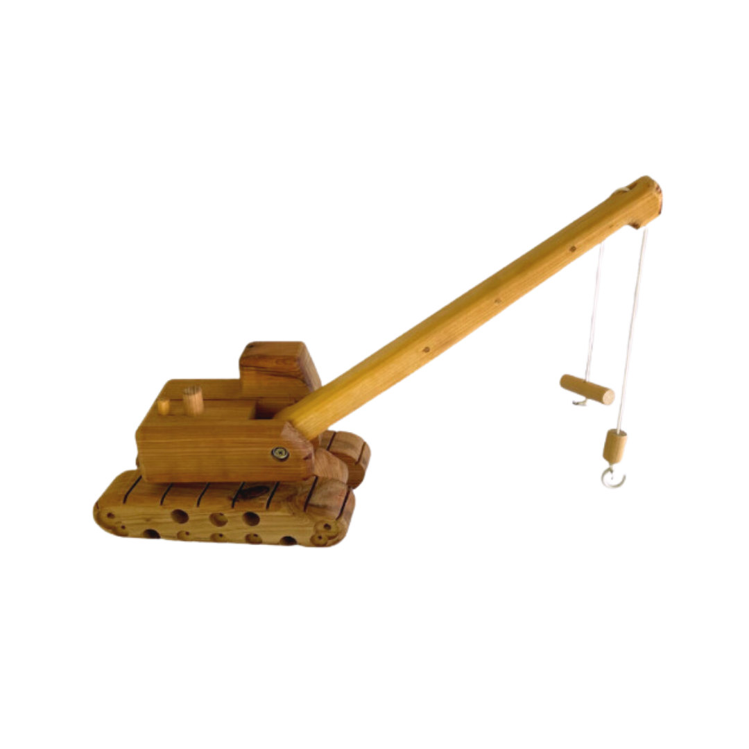 Side view of a child-friendly wooden small crane toy, emphasizing the hidden wheels under the tracks and the adjustable boom. - Kids Toy | Imagination Toy Shop