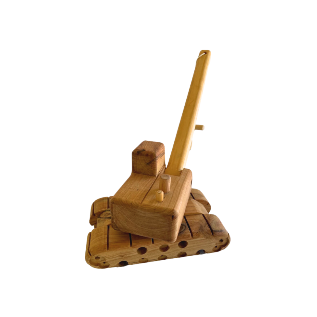 Side view of a child-friendly wooden small crane toy, emphasizing the hidden wheels under the tracks and the adjustable boom. - Kids Toy | Imagination Toy Shop