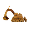 Side view of a wooden excavator toy with a pivoted arm and bucket, highlighting the mechanical design and natural wood textures. - Kids Toy | Imagination Toy Shop