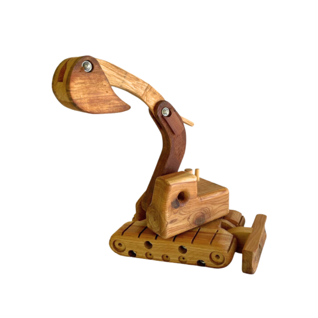 Handcrafted wooden toy excavator with articulated boom and bucket raised, showcasing the detailed craftsmanship and wood grain. - Kids Toy | Imagination Toy Shop