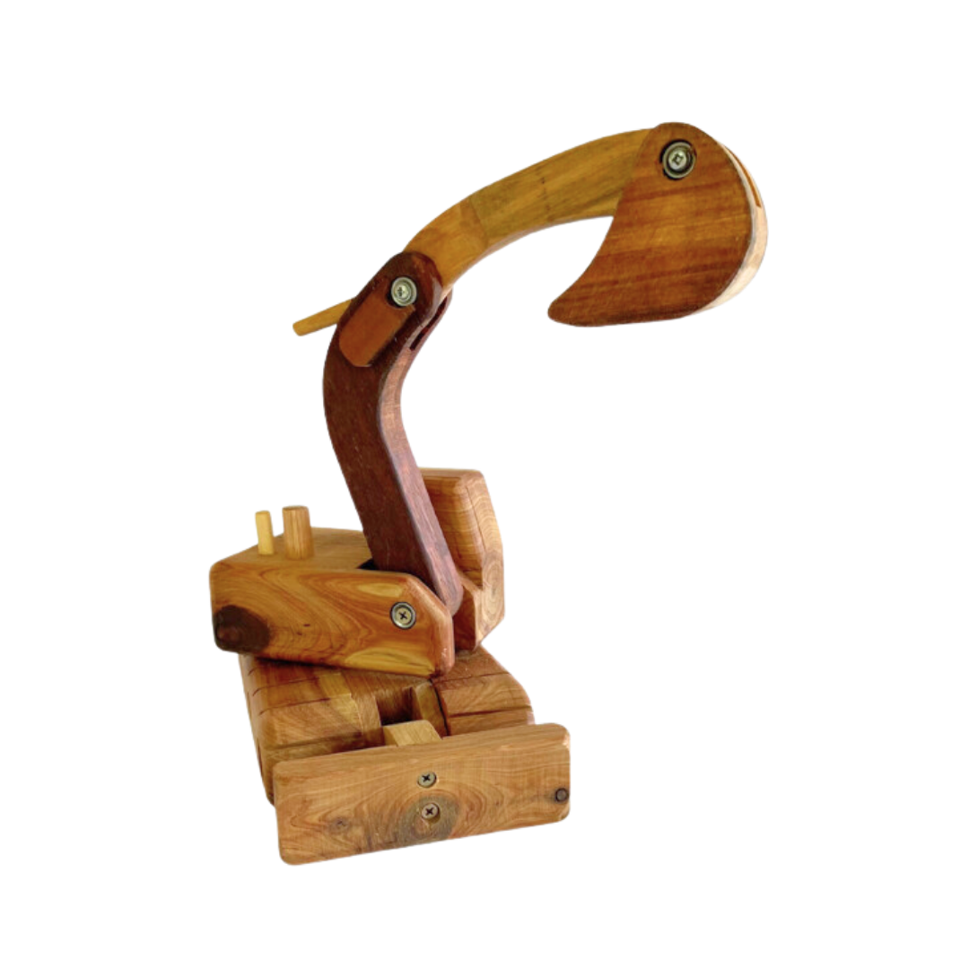 Rear angle of a children's wooden excavator toy with its boom extended, emphasizing the playful functionality and solid construction - Kids Toy | Imagination Toy Shop