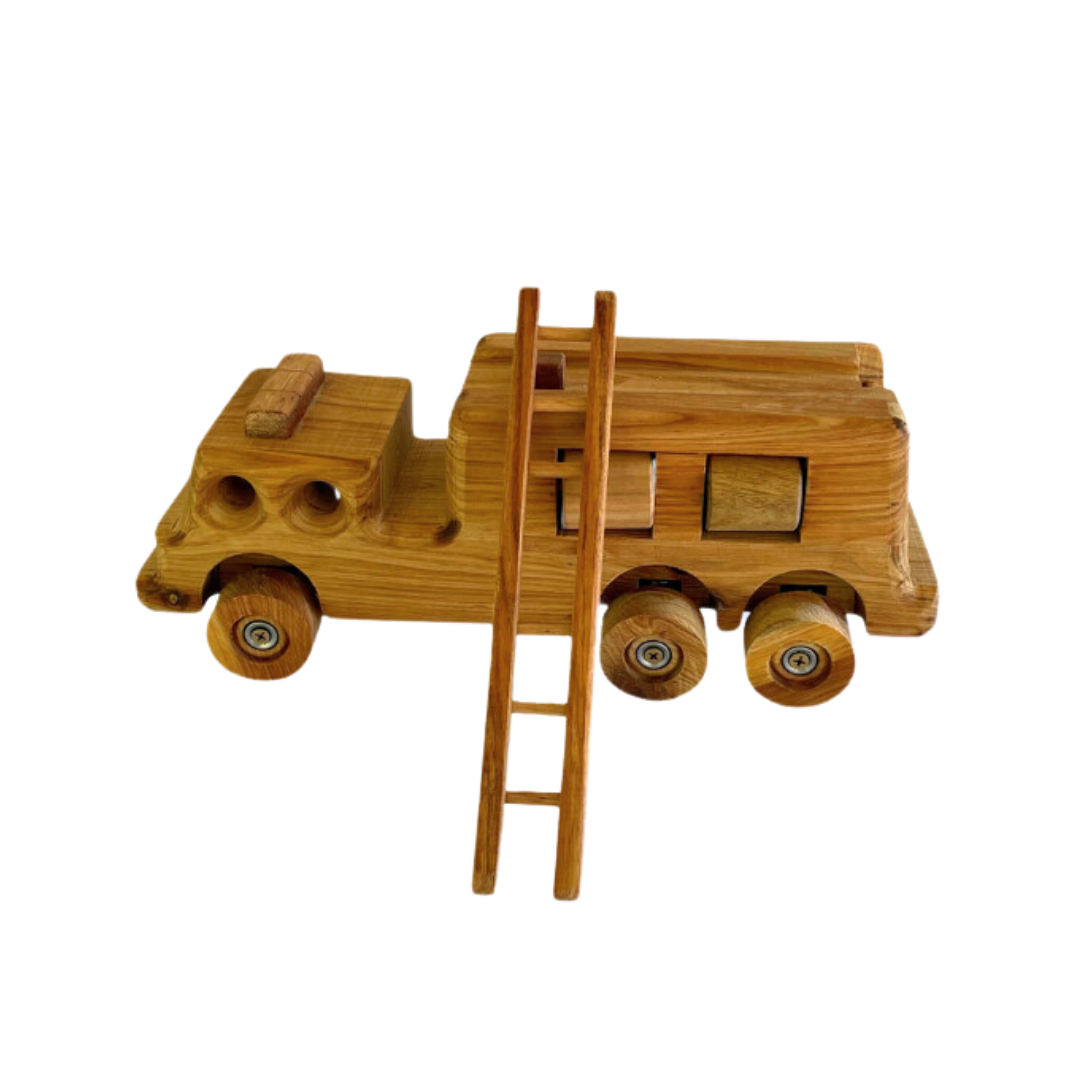 Child-friendly wooden firetruck toy with a detachable ladder and visible wood grain detailing. - Kids Toy | Imagination Toy Shop