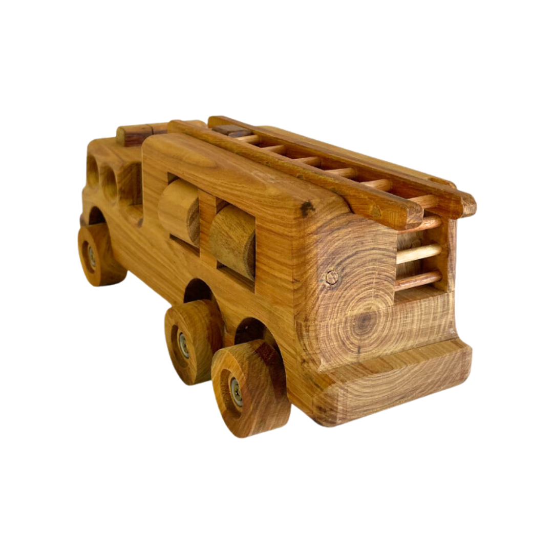 Durable wooden firetruck toy with a functional suspension system and a removable ladder for imaginative play. - Kids Toy | Imagination Toy Shop