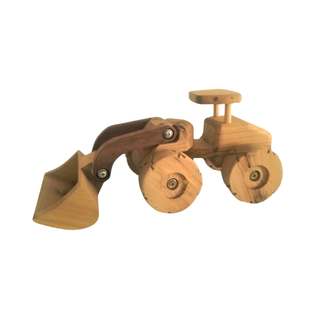 Artisan wooden front end loader with a movable bucket, showcasing the sturdy construction and interactive design for imaginative play. - Kids Toy | Imagination Toy Shop