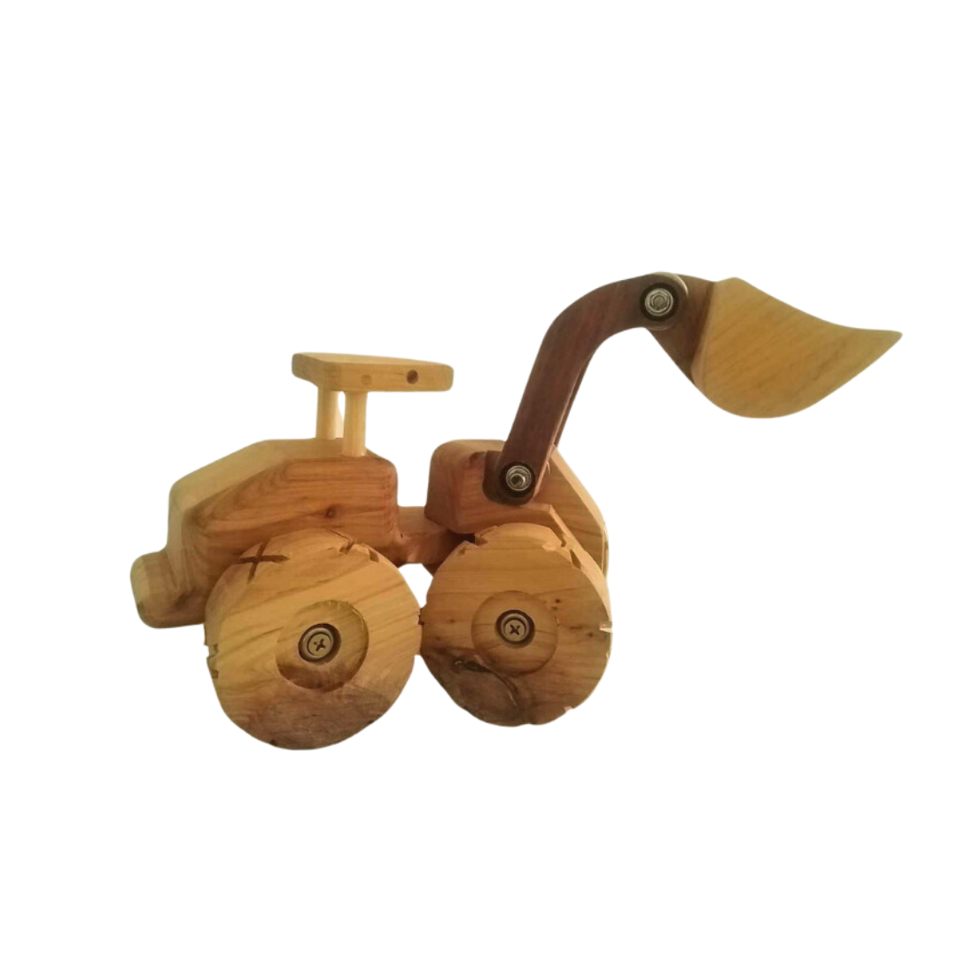 Side view of a handcrafted wooden front end loader, highlighting the operational bucket and robust wheels designed for play in the dirt - Kids Toy | Imagination Toy Shop