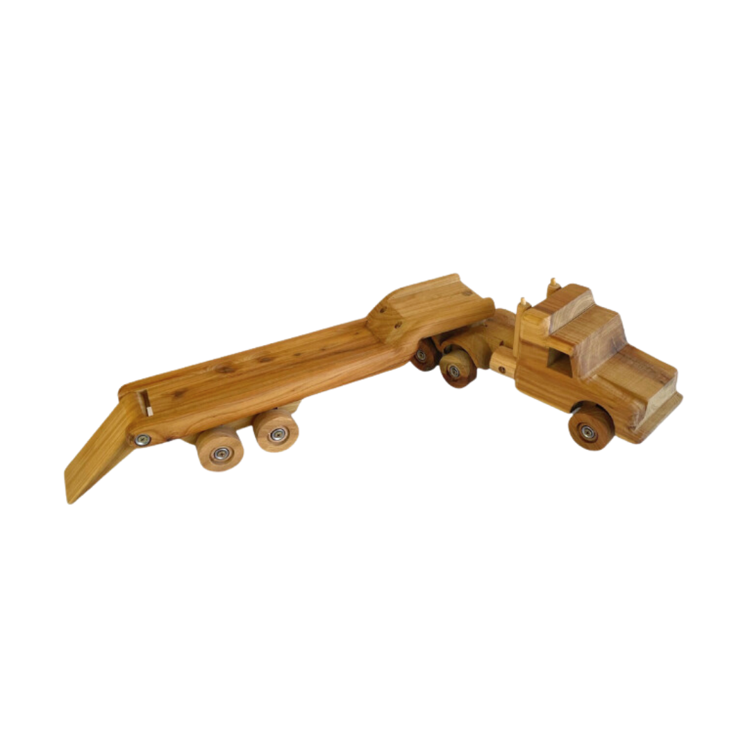 Rear perspective of a wooden low loader toy, featuring the lowered ramp ready for cargo loading, with a focus on interactive play elements. - Kids Toy | Imagination Toy Shop