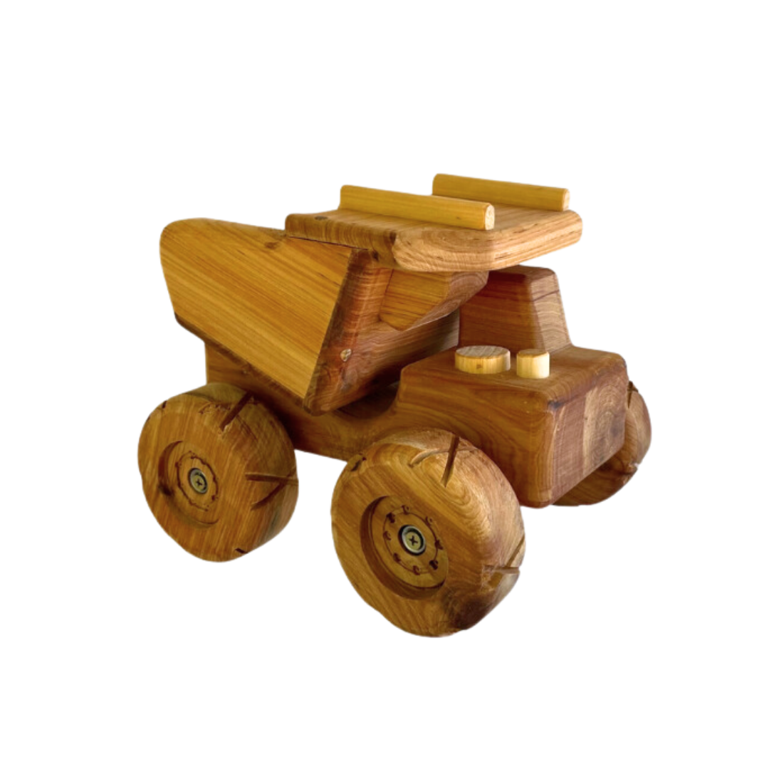 Side view of a polished wooden mining dump truck toy with a hinged rear tray and circular patterned wheels. - Kids Toy | Imagination Toy Shop