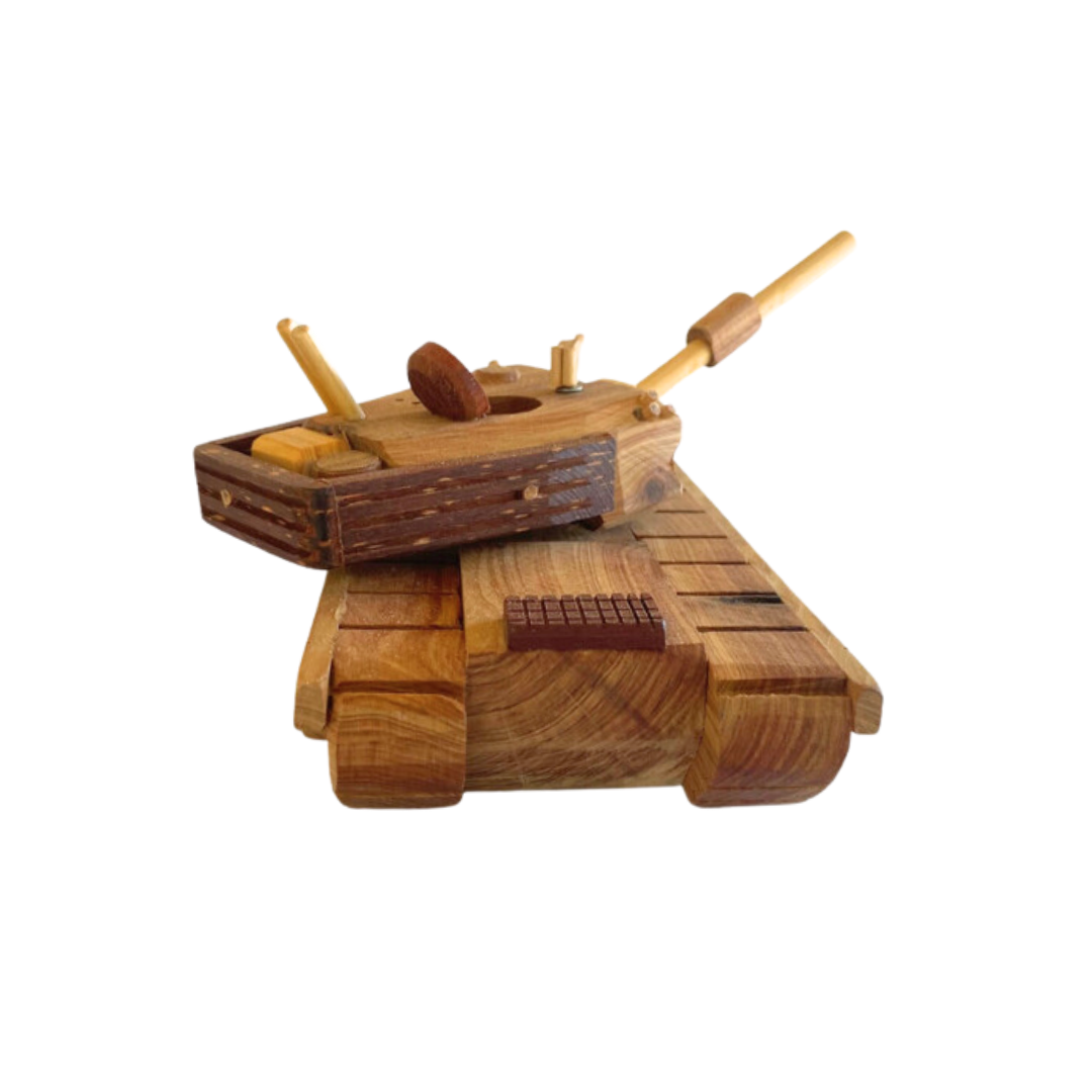 Rear angle of a hand-built wooden tank toy displaying the turret and track details. - Kids Toy | Imagination Toy Shop