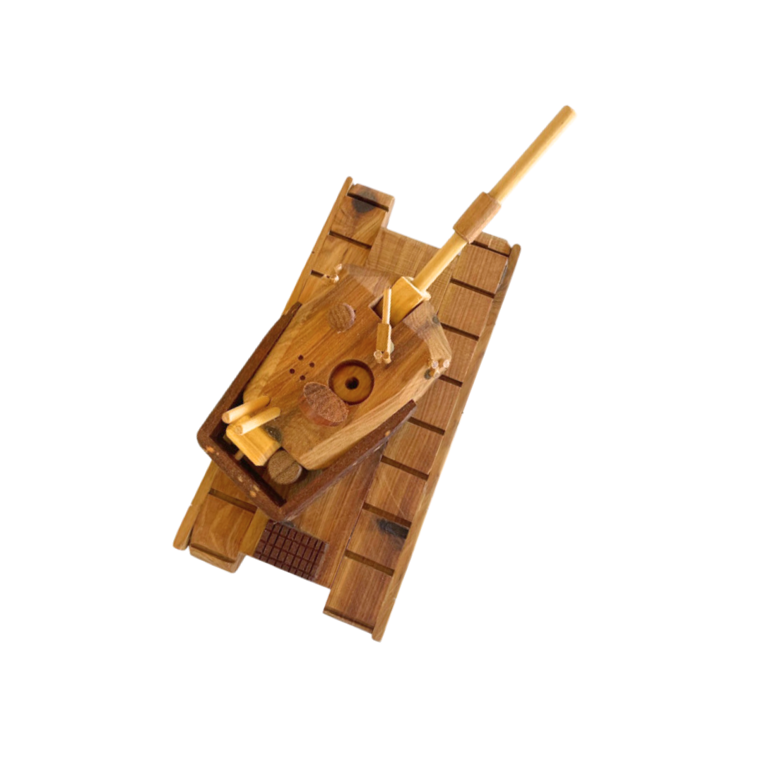 Full view of a wooden tank toy on a flat surface highlighting its rotating turret and hidden wheels. - Kids Toy | Imagination Toy Shop