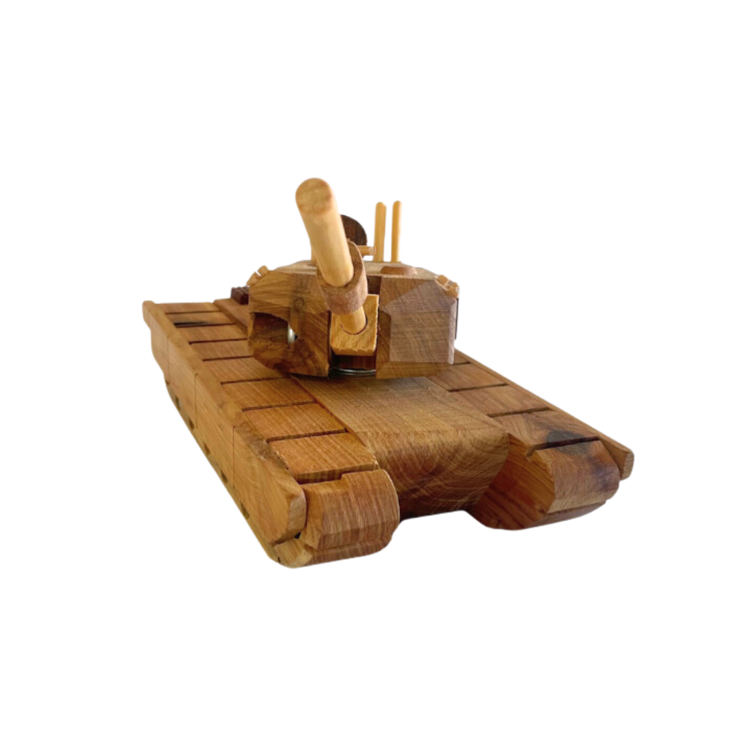 Handcrafted wooden tank toy viewed from the front with detailed cannon and rotating turret. - Kids Toy | Imagination Toy Shop